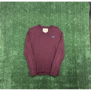Hollister Sweater Mens Small Burgandy V Neck Red Blue Logo Viscose Casual